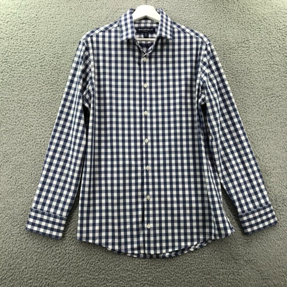 MIZZEN + MAIN Mens MEDIUM Trim Leeward Blue Buffalo Plaid Button Up‎ Dress Shirt